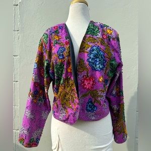 Vtg 90s Fashion Fantasy Purple Floral Beaded Crop Jacket Retro Sz L Ethnic Boho